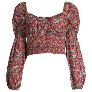 JACQUIE THE LABEL Smocked Floral Puff-Sleeve Crop Top